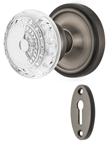 Classic Rosette Mortise-Lock Set with Meadows Crystal-Glass Knobs in Antique Pewter.